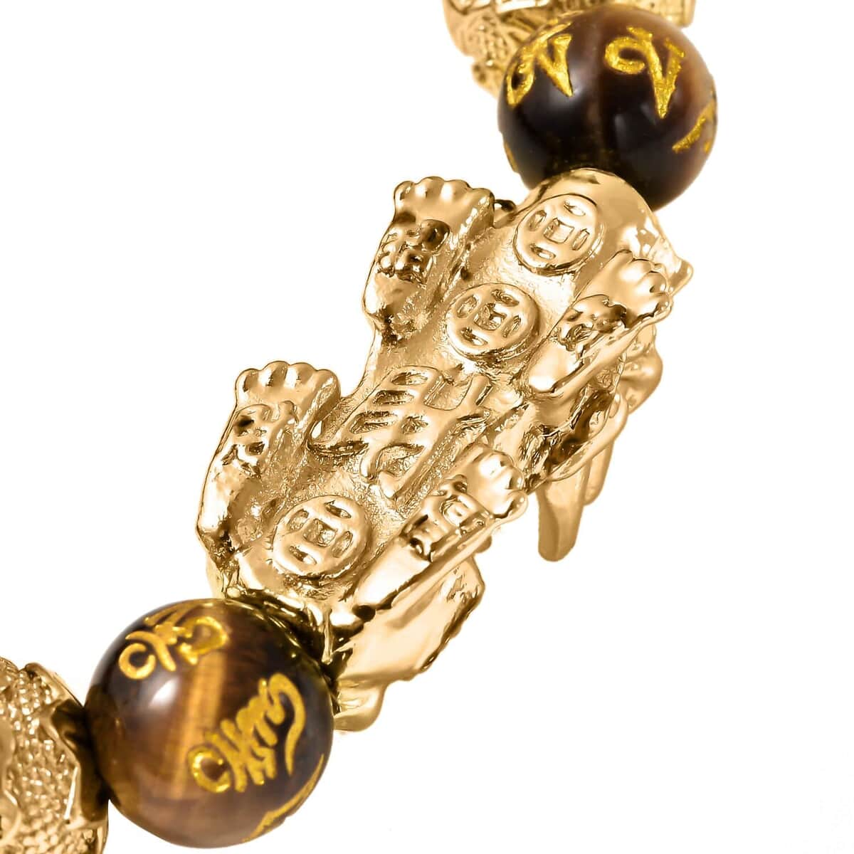 Feng Shui Pixiu Charm Yellow Tiger's Eye Carved Beads Stretch Bracelet in Goldtone, Stretchable Bracelet, Good Luck Birthday Gift 112.50 ctw image number 7