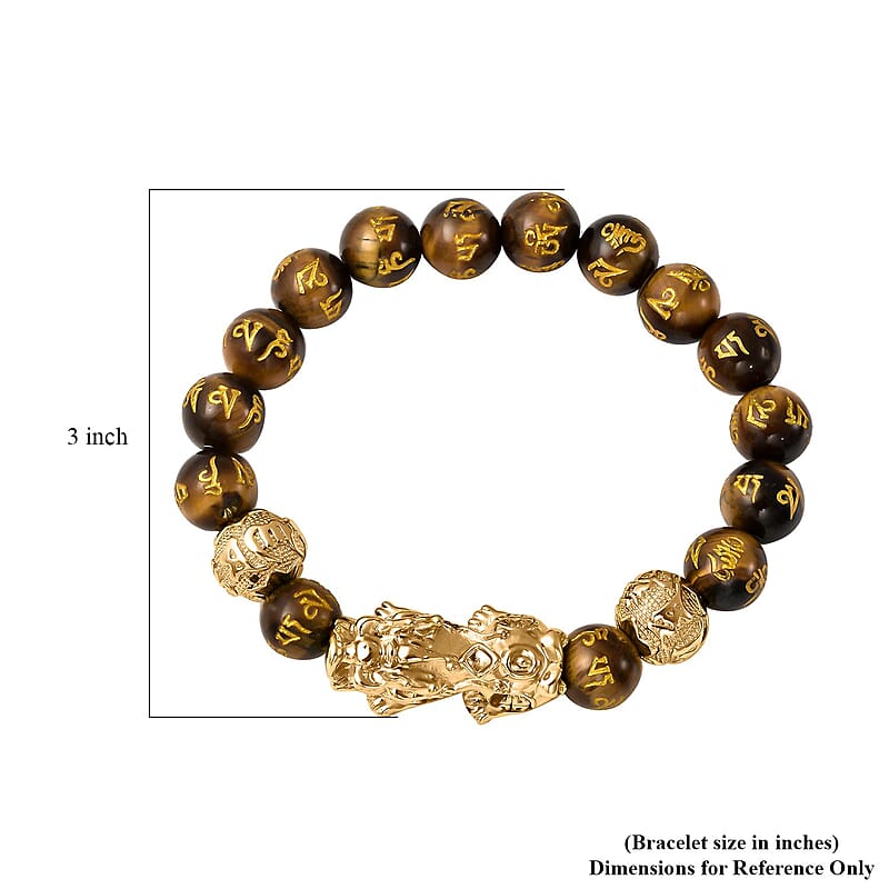 Feng Shui Pixiu Charm Yellow Tiger's Eye Carved Beads Stretch Bracelet in Goldtone, Stretchable Bracelet, Good Luck Birthday Gift 112.50 ctw