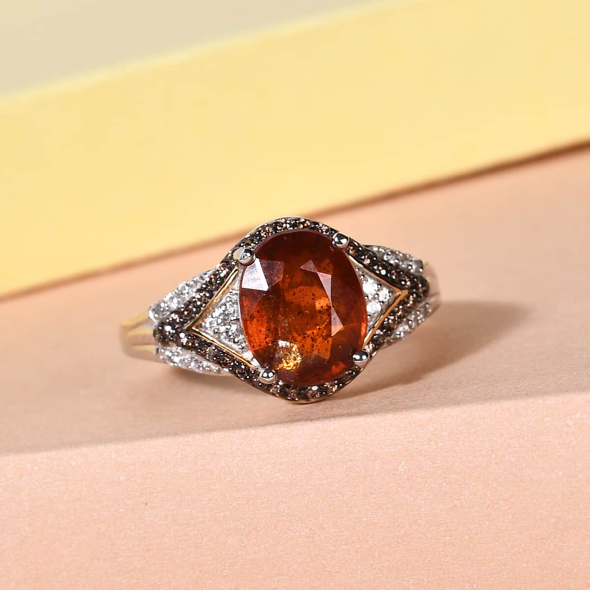 Natural Tanzania Tangerine Kyanite, White and Coffee Zircon Ring in Rhodium, Vermeil YG and Platinum Over Sterling Silver (Size 8.0) 3.90 ctw image number 1