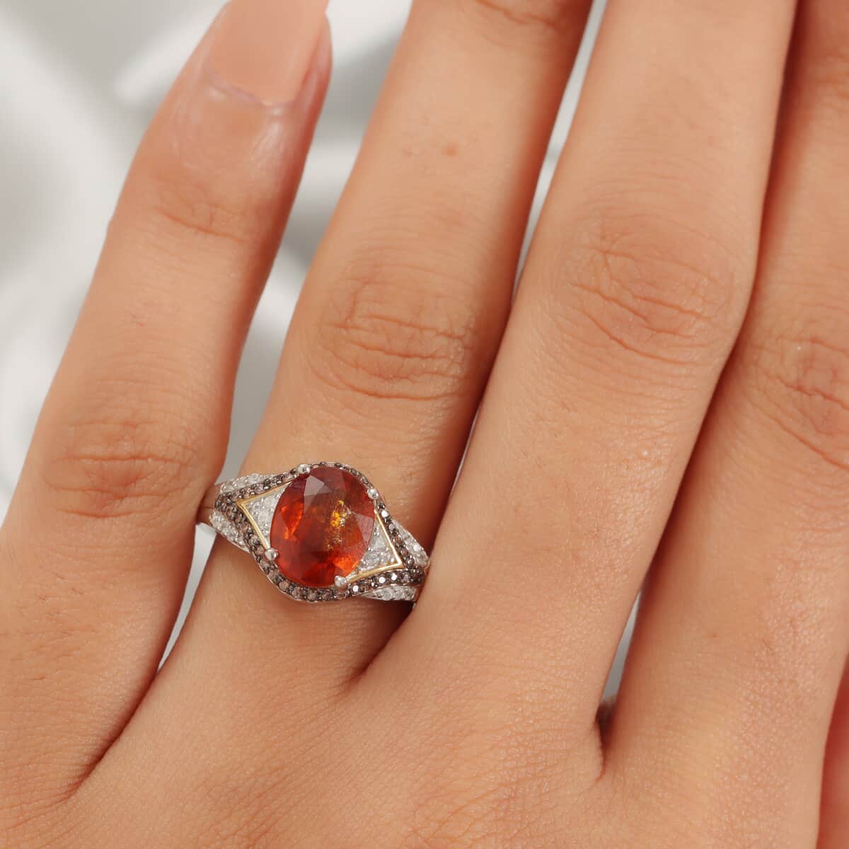 Natural Tanzania Tangerine Kyanite, White and Coffee Zircon Ring in Rhodium, Vermeil YG and Platinum Over Sterling Silver (Size 8.0) 3.90 ctw image number 2