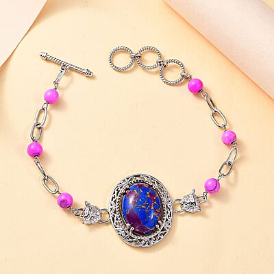 EverTrue Mojave Purple Turquoise 23.10 ctw Paper Clip and Leopard Head Bracelet in Platinum Bond (6.50-800In)
