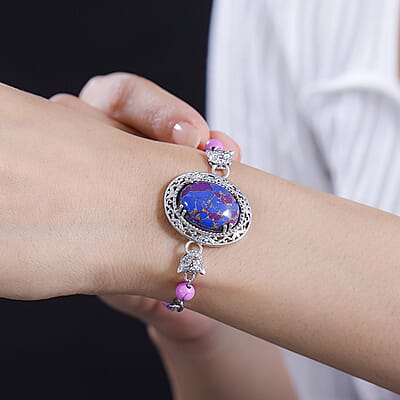 EverTrue Mojave Purple Turquoise 23.10 ctw Paper Clip and Leopard Head Bracelet in Platinum Bond (6.50-800In)