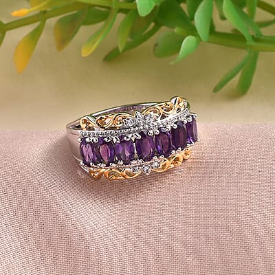 EverTrue African Amethyst and White Zircon 1.60 ctw Ring in 18K YG Plated and Platinum Bond (Size 10.0)