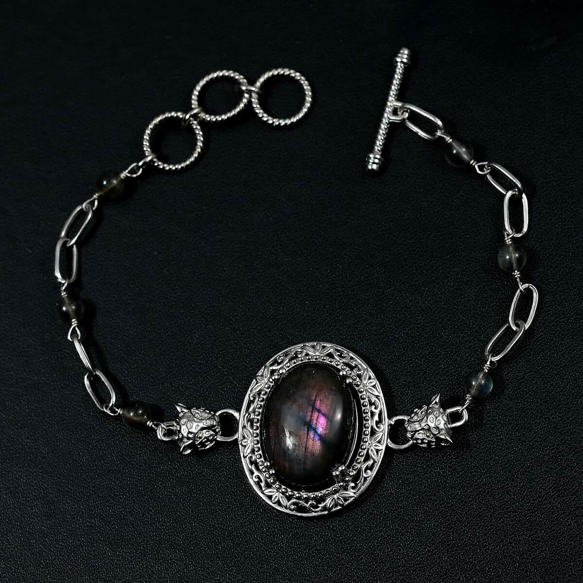 Malagasy Labradorite 21.50 ctw Paper Clip and Leopard Head Bracelet in Platinum Bond (6.50-800In) image number 3