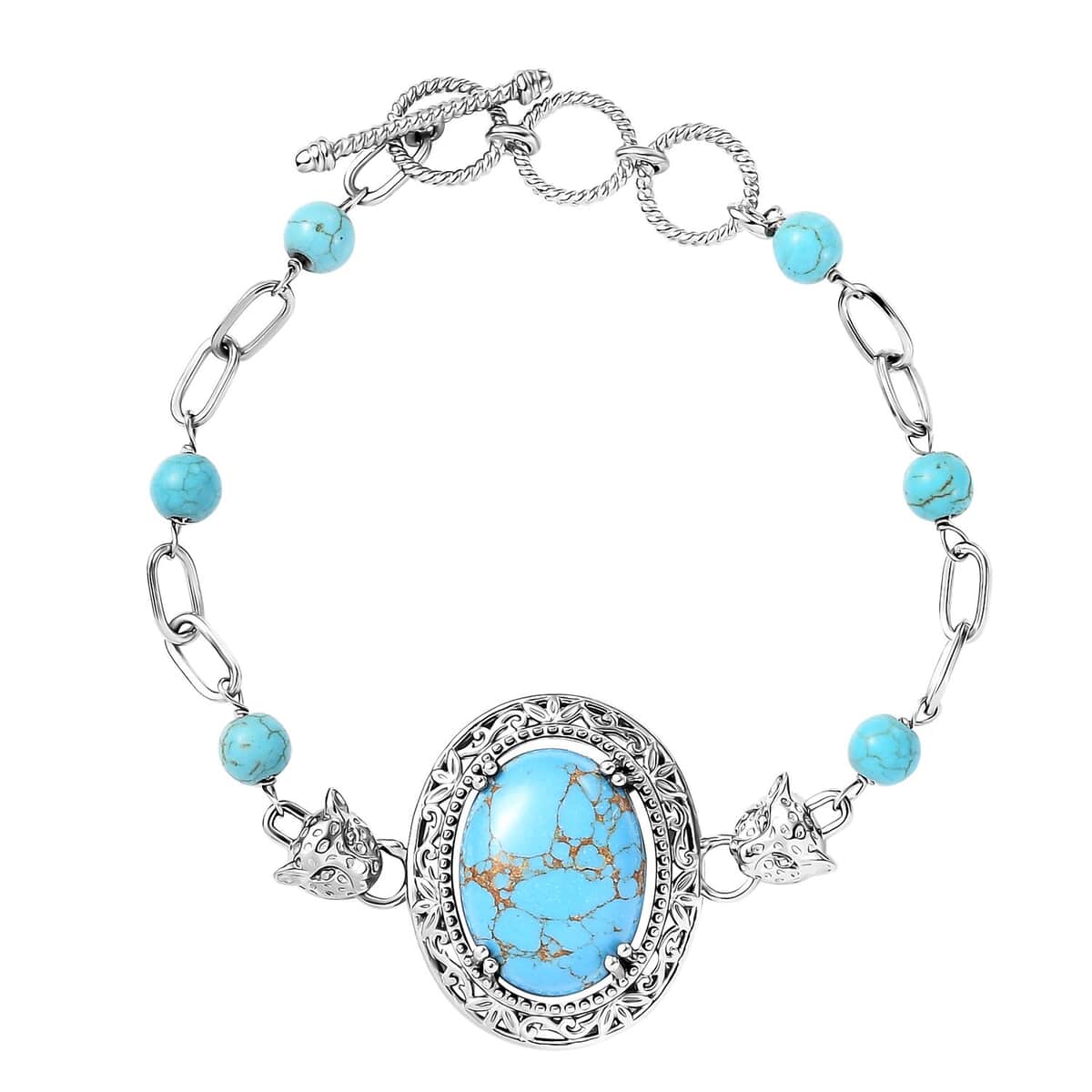 Mojave Blue Turquoise 21.60 ctw Paper Clip and Leopard Head Bracelet in Platinum Bond (6.50-800In) image number 0