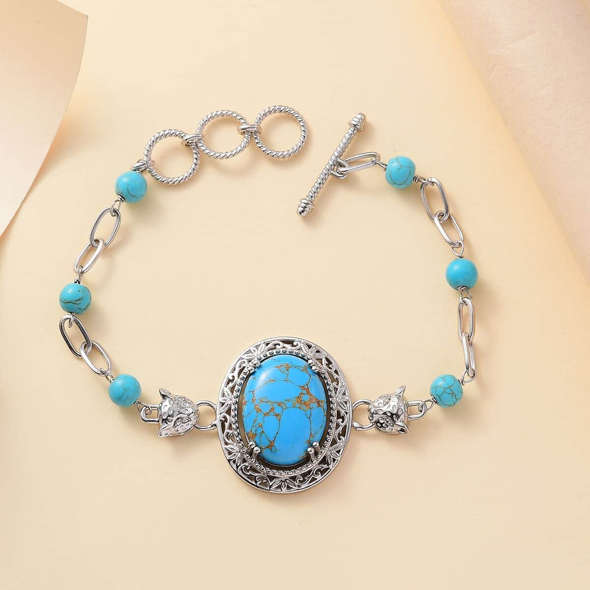 Mojave Blue Turquoise 21.60 ctw Paper Clip and Leopard Head Bracelet in Platinum Bond (6.50-800In) image number 1