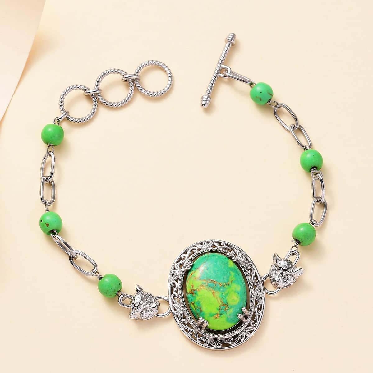 Mojave Green Turquoise 20.75 ctw Paper Clip and Leopard Head Bracelet in Platinum Bond (6.50-800In) image number 1