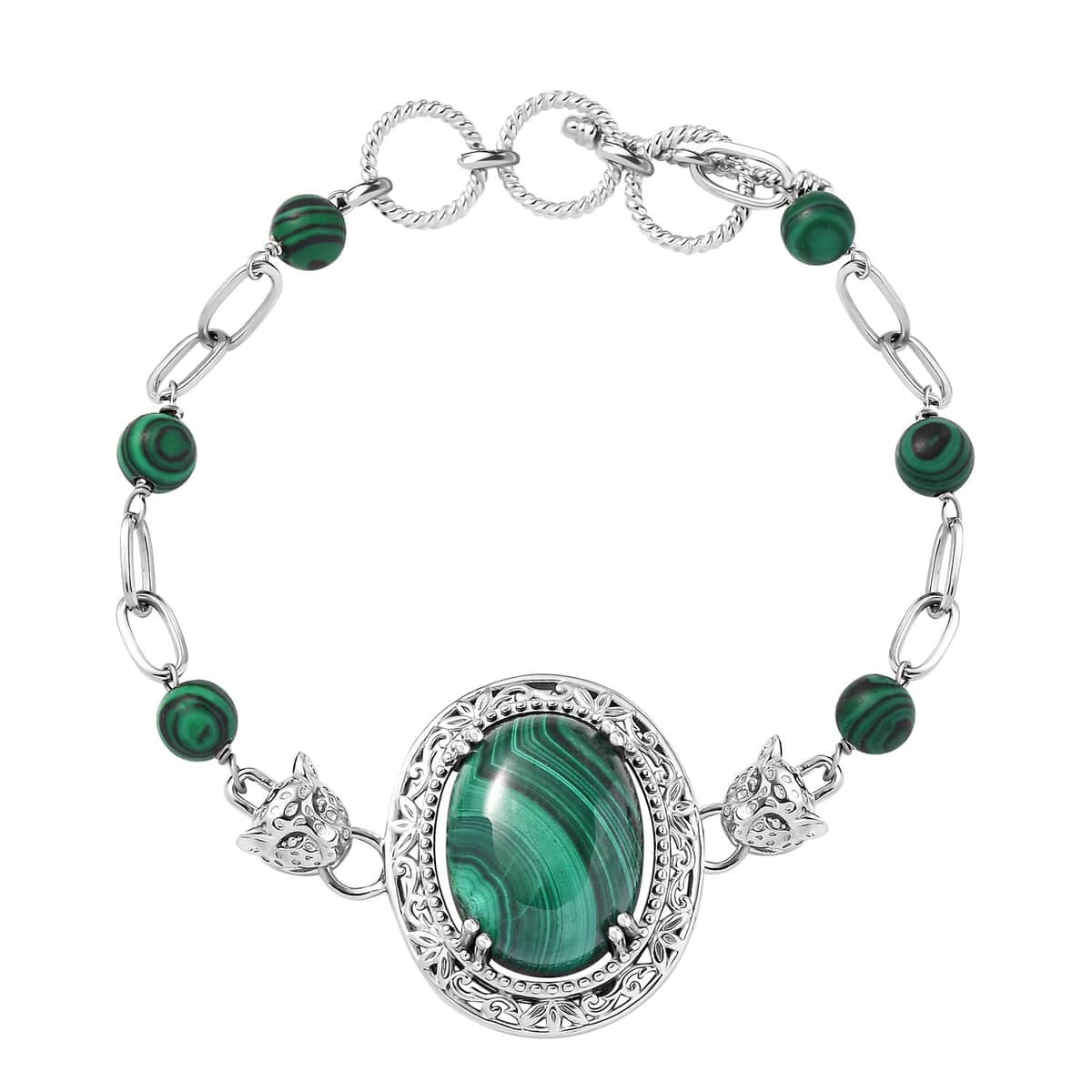 African Malachite 30.70 ctw Paper Clip and Leopard Head Bracelet in Platinum Bond (6.50-800In) image number 0