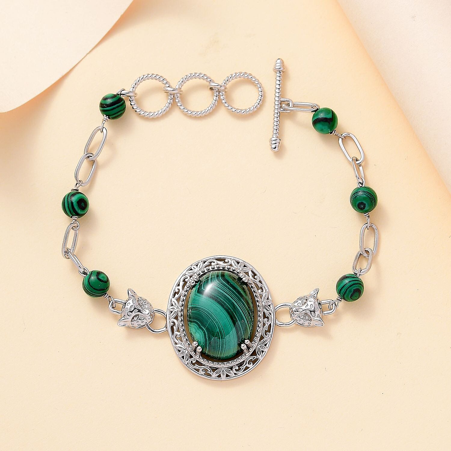 EverTrue African Malachite 30.70 ctw Paper Clip and Leopard Head Bracelet in Platinum Bond (6.50-800In)
