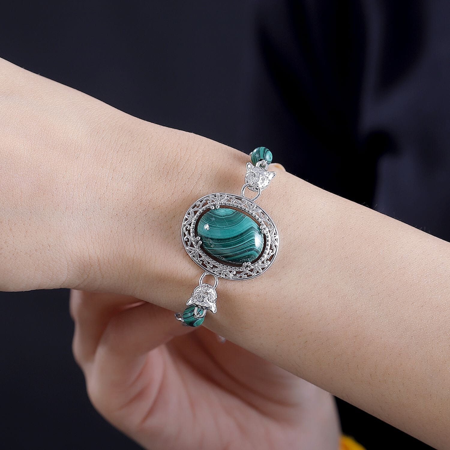 EverTrue African Malachite 30.70 ctw Paper Clip and Leopard Head Bracelet in Platinum Bond (6.50-800In)