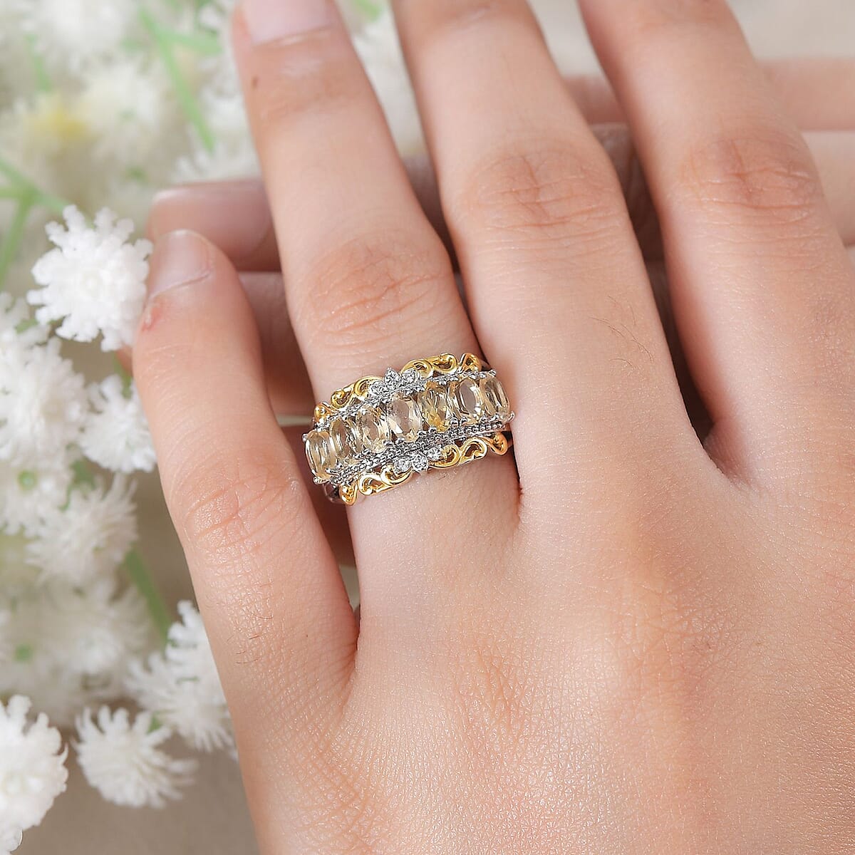 EverTrue Brazilian Citrine and White Zircon 1.60 ctw Ring in 18K Yellow Gold Plated and Platinum Bond (Size 5.0) image number 2