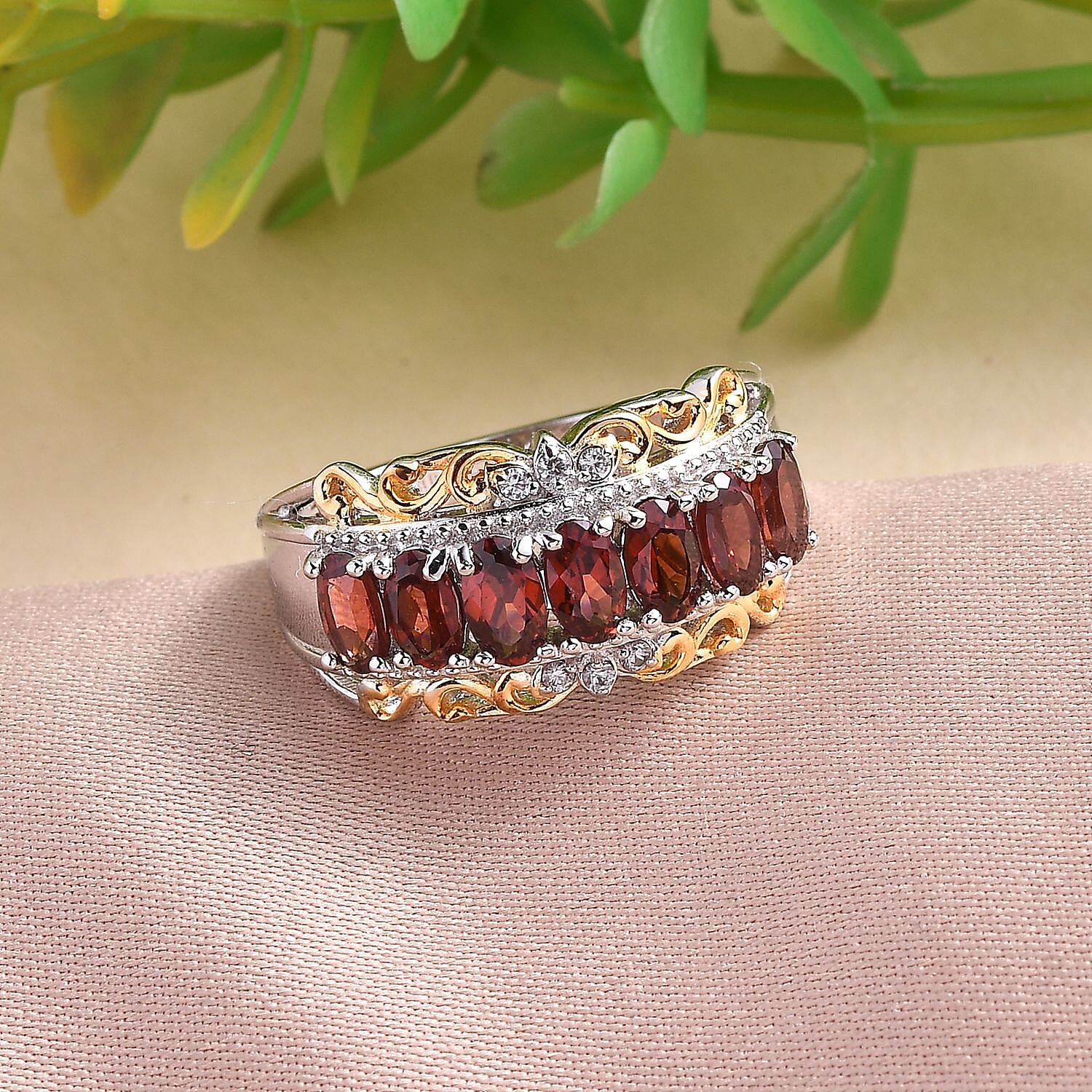 EverTrue Mozambique Garnet and White Zircon 2.15 ctw Ring in 18K YG Plated and Platinum Bond (Size 7.0)