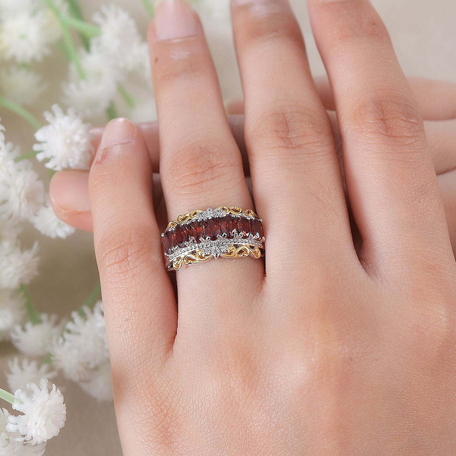 EverTrue Mozambique Garnet and White Zircon 2.15 ctw Ring in 18K YG Plated and Platinum Bond (Size 7.0)