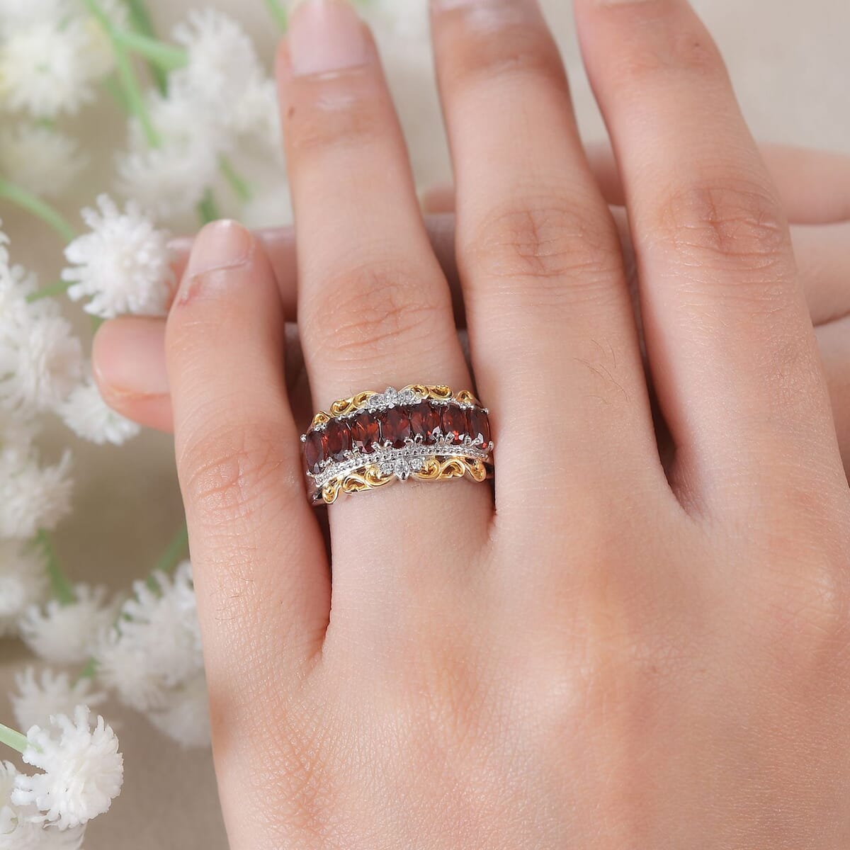 EverTrue Mozambique Garnet and White Zircon 2.15 ctw Ring in 18K YG Plated and Platinum Bond (Size 8.0) image number 2