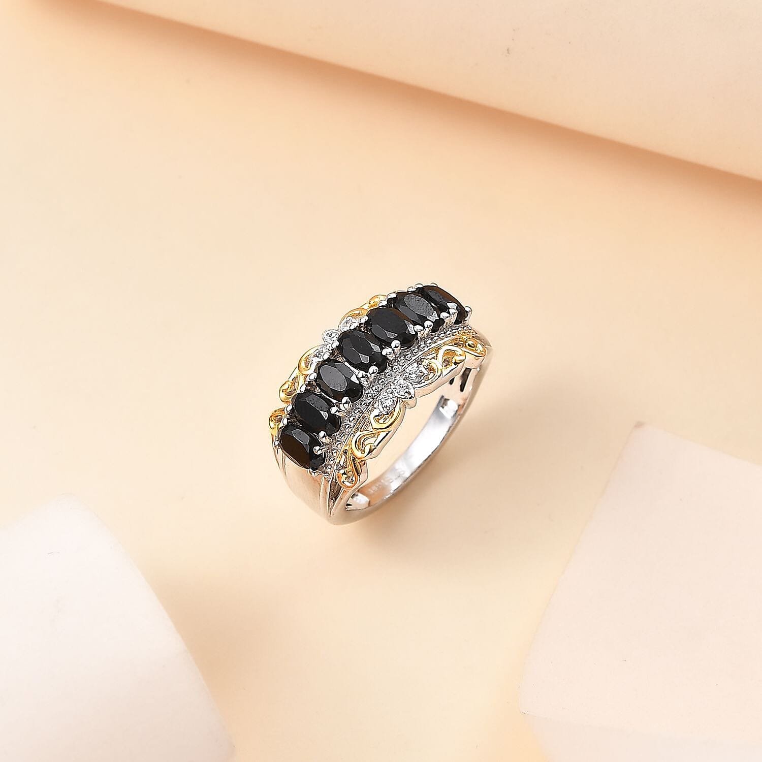 EverTrue Thai Black Spinel and White Zircon 2.20 ctw Ring in 18K Yellow Gold Plated and Platinum Bond (Size 6.0)