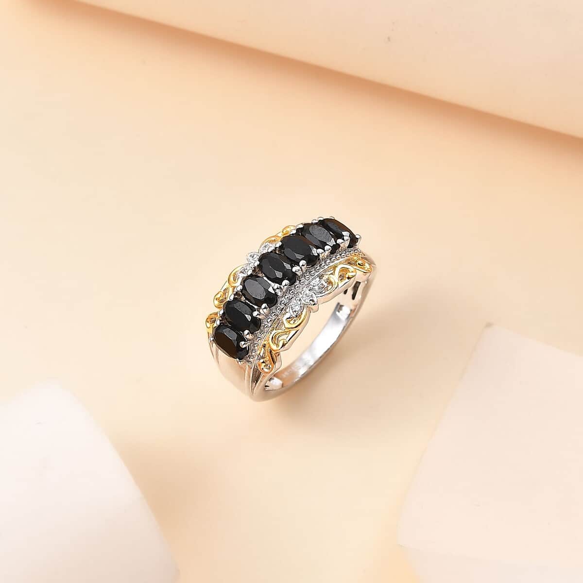 Karis Thai Black Spinel and White Zircon 2.20 ctw Ring in 18K Yellow Gold Plated and Platinum Bond (Size 6.0) image number 1