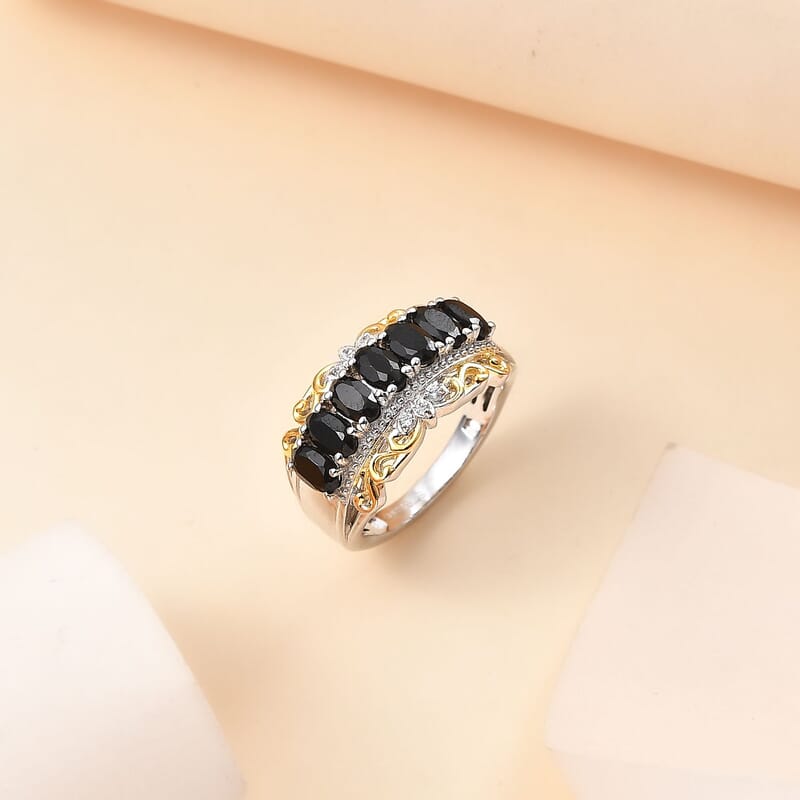 EverTrue Thai Black Spinel and White Zircon 2.20 ctw Ring in 18K Yellow Gold Plated and Platinum Bond (Size 6.0)