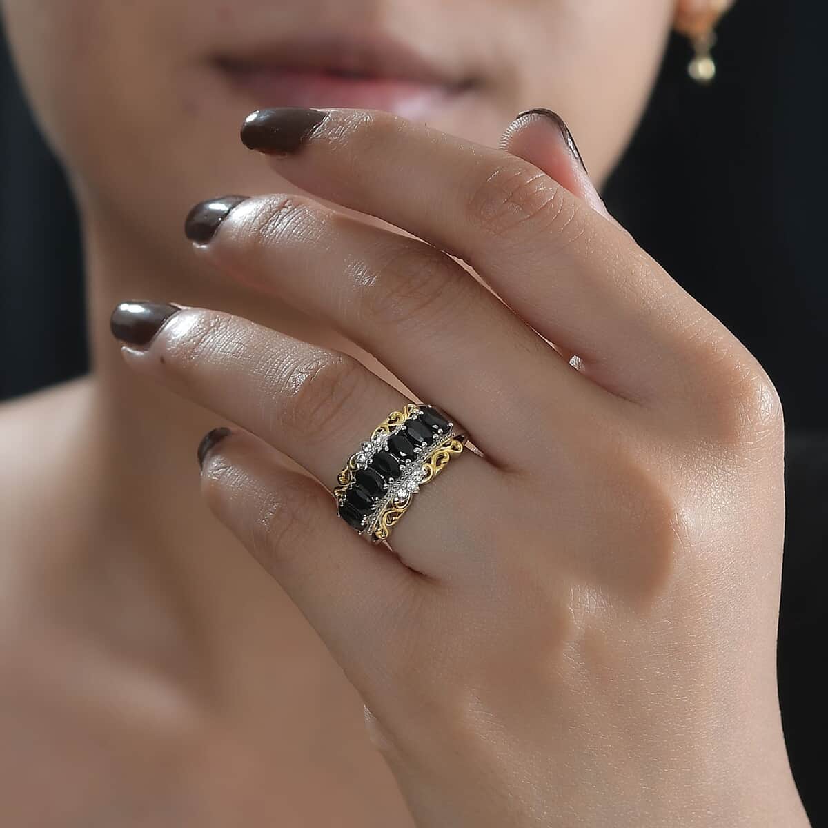 Karis Thai Black Spinel and White Zircon 2.20 ctw Ring in 18K Yellow Gold Plated and Platinum Bond (Size 6.0) image number 2