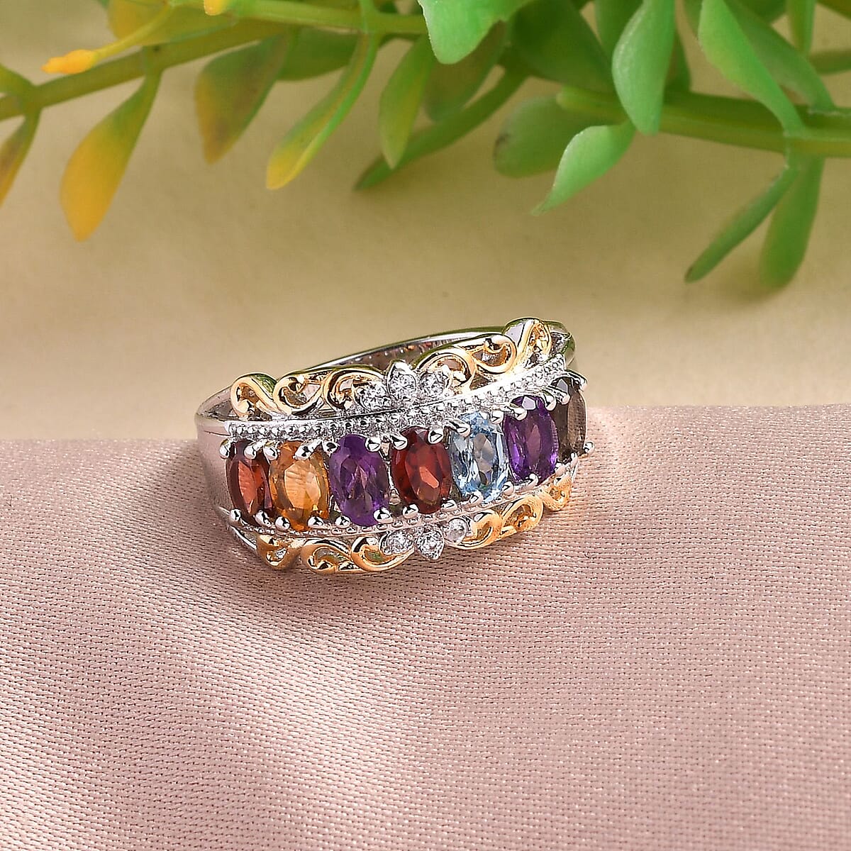 EverTrue Multi Gemstone 1.75 ctw Ring in 18K Yellow Gold Plated and Platinum Bond (Size 10.0) image number 1