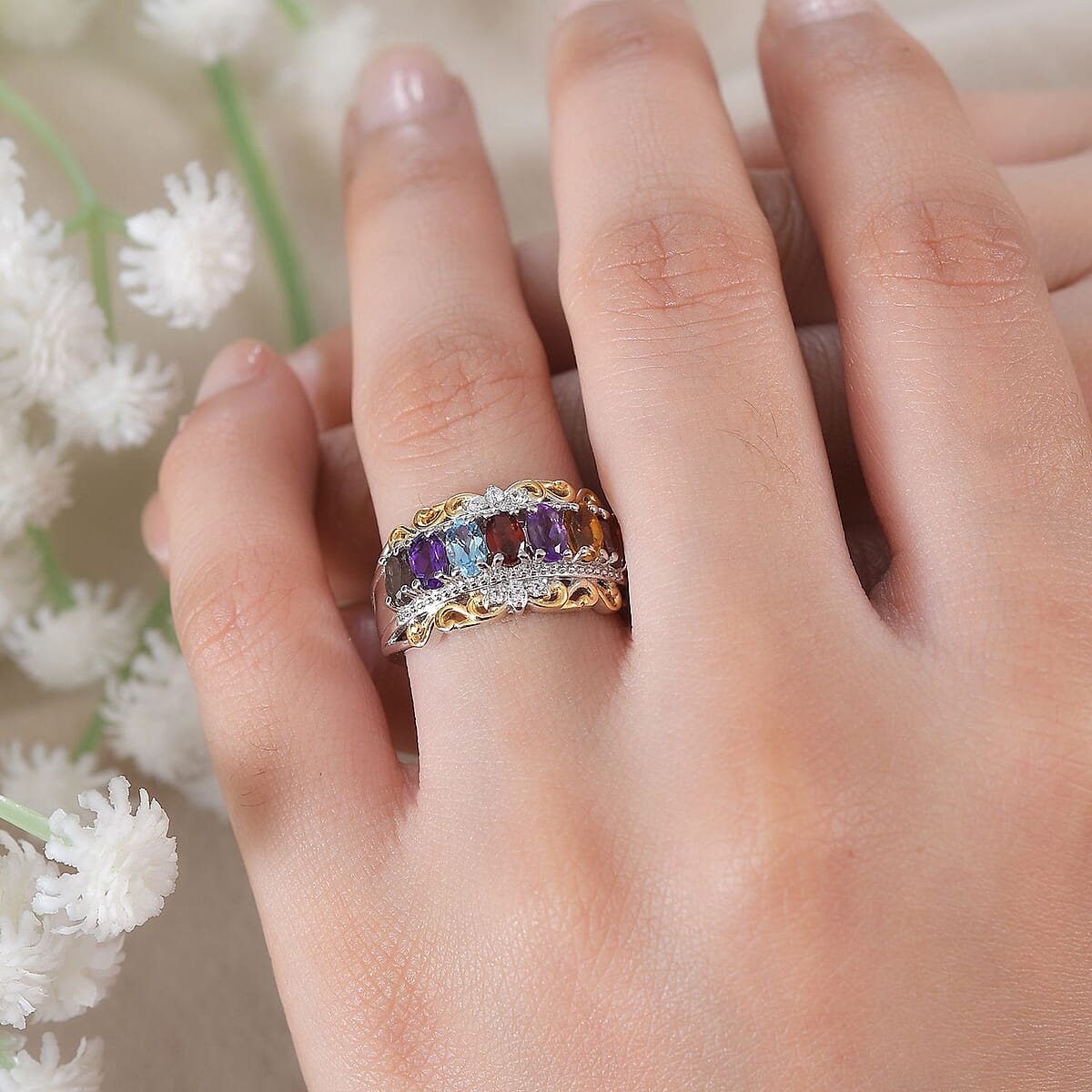 EverTrue Multi Gemstone 1.75 ctw Ring in 18K Yellow Gold Plated and Platinum Bond (Size 10.0) image number 2