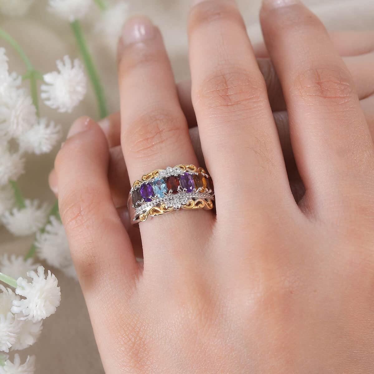 Karis Multi Gemstone 1.75 ctw Ring in 18K Yellow Gold Plated and Platinum Bond (Size 5.0) image number 2