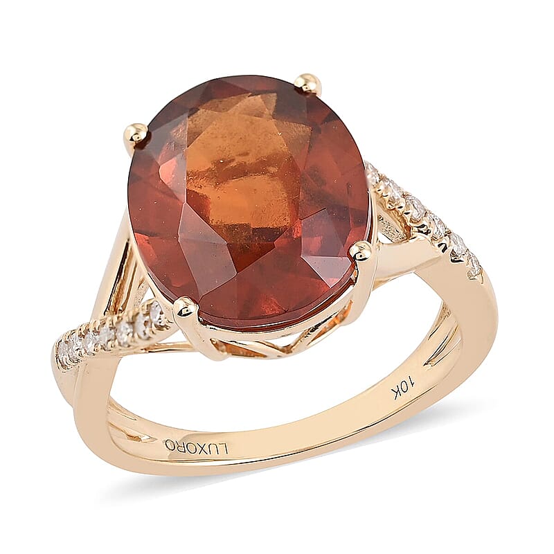 Certified & Appraised Luxoro 10K Yellow Gold AAA Sri Lankan Honey Garnet and G-H I1 Diamond Ring (Size 5.5) 7.70 ctw