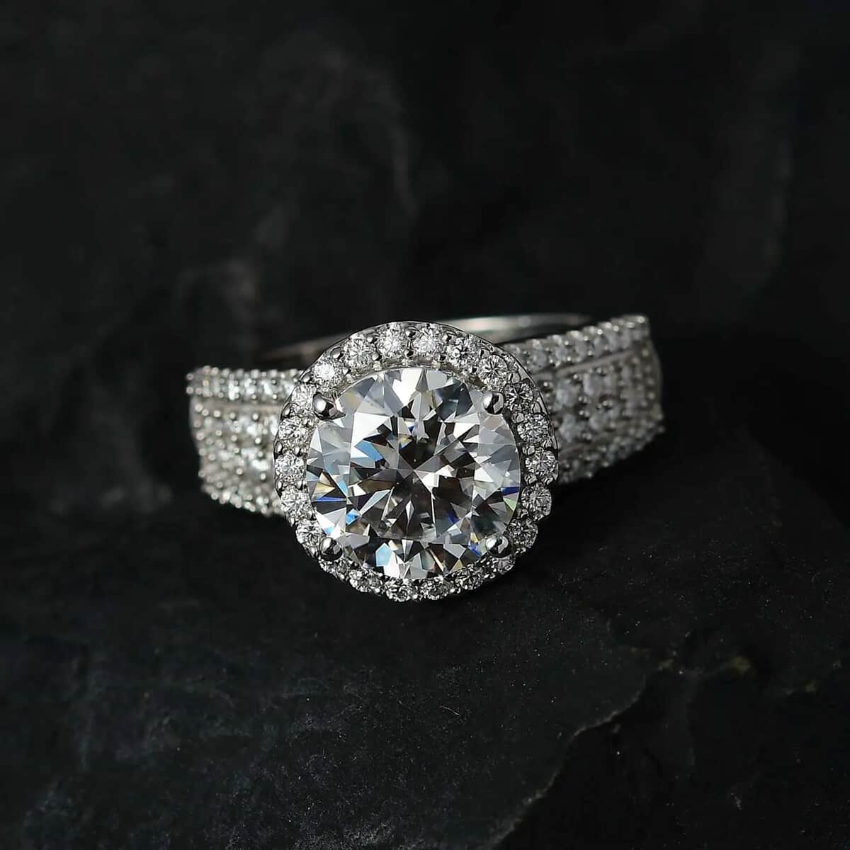 100 Facet Moissanite Ring, Platinum Over Sterling Silver Ring, Moissanite Halo Ring, Promise Ring, Cocktail Rings 3.25 ctw (Size 11) image number 1