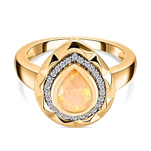Ethiopian Welo Opal and White Zircon 0.93 ctw Ring in Vermeil Yellow Gold Over Sterling Silver (Size 5.5)
