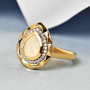 Ethiopian Welo Opal and White Zircon 0.93 ctw Ring in Vermeil Yellow Gold Over Sterling Silver (Size 5.5)