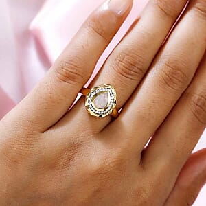 Ethiopian Welo Opal and White Zircon 0.93 ctw Ring in Vermeil Yellow Gold Over Sterling Silver (Size 5.5)
