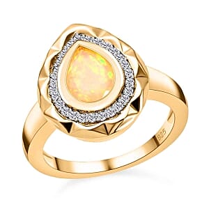 Ethiopian Welo Opal and White Zircon 0.93 ctw Ring in Vermeil Yellow Gold Over Sterling Silver (Size 5.5)