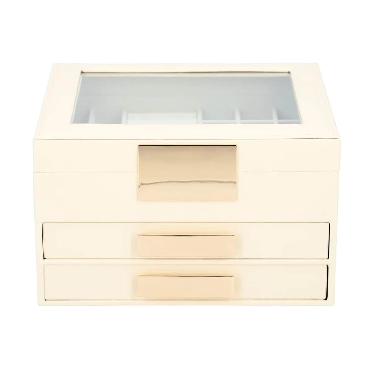 DOORBUSTER Beige Three Layer Faux Leather Jewelry Box with Anti Tarnish Lining and 2 Removable Tray (9.1"x8"x5.3") image number 1