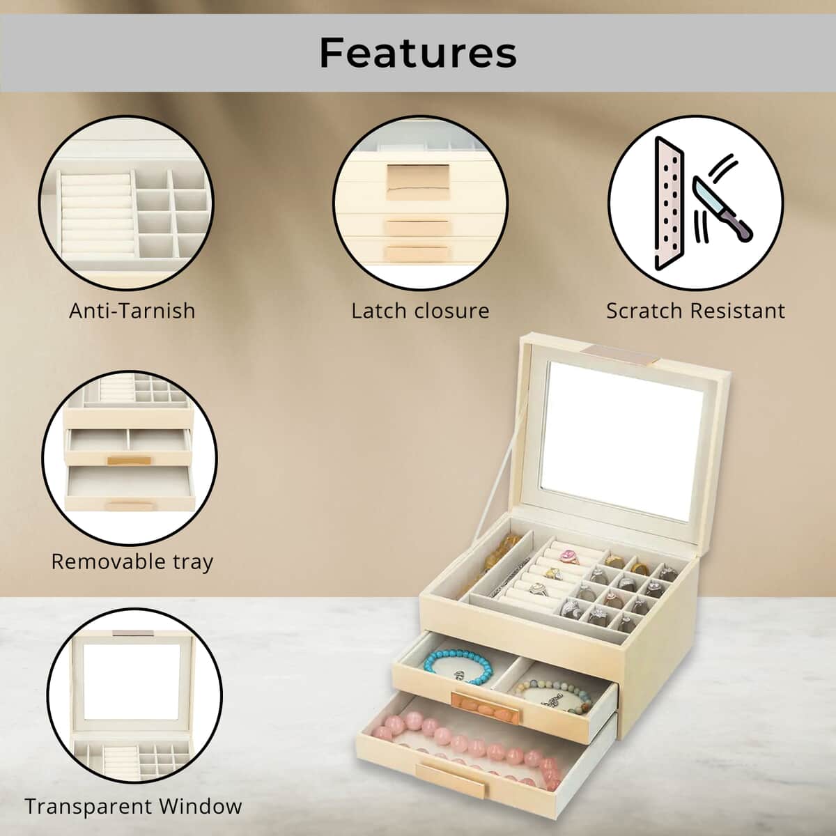 DOORBUSTER Beige Three Layer Faux Leather Jewelry Box with Anti Tarnish Lining and 2 Removable Tray (9.1"x8"x5.3") image number 3