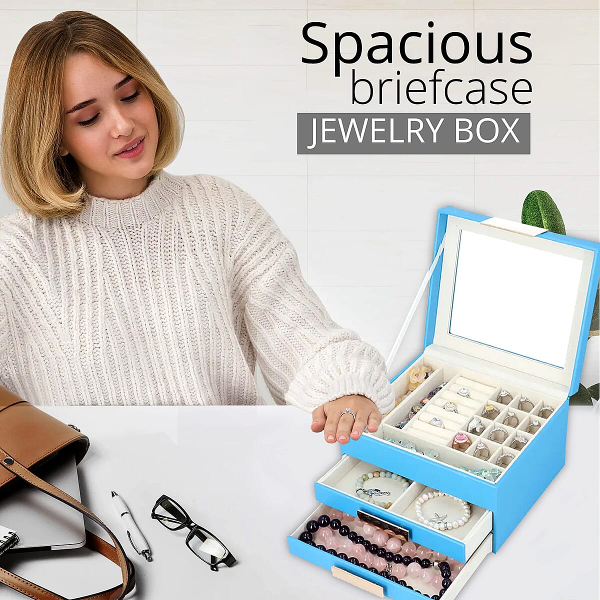 Turquoise Blue Three Layer Faux Leather Jewelry Box with Anti Tarnish Lining and 2 Removable Tray image number 2
