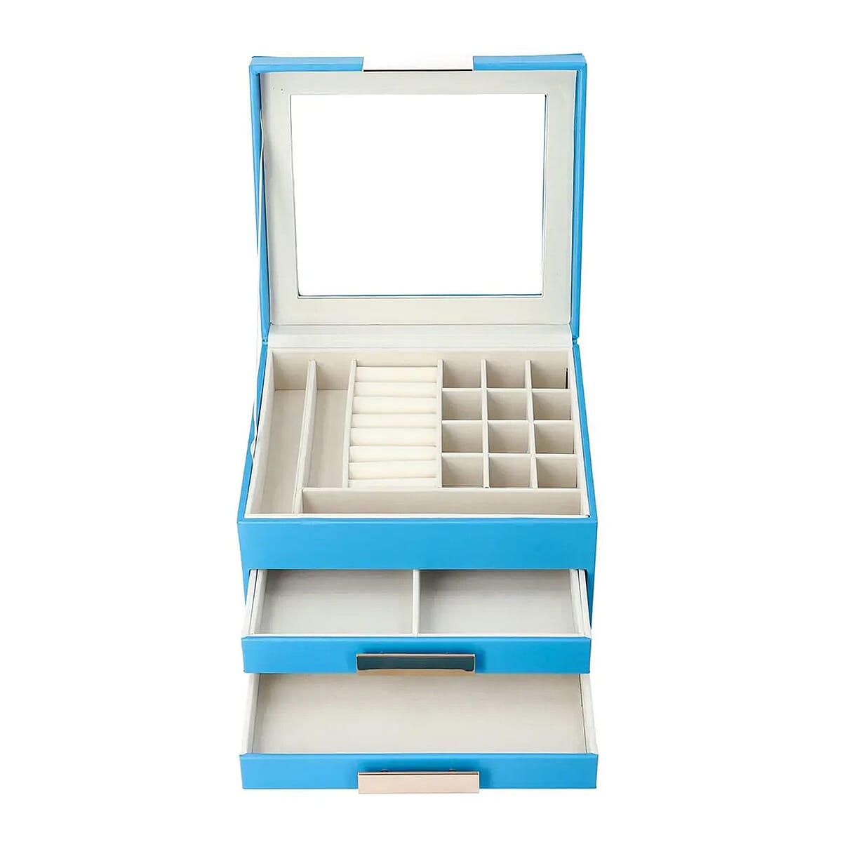 Turquoise Blue Three Layer Faux Leather Jewelry Box with Anti Tarnish Lining and 2 Removable Tray image number 6