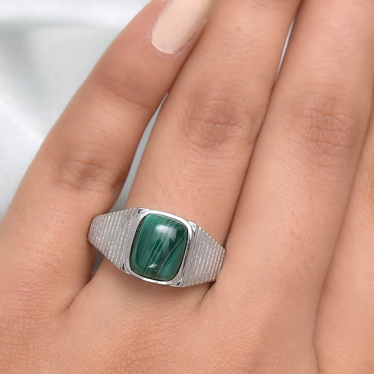 African Malachite Men's Ring in Stainless Steel (Size 10.0) 5.20 ctw image number 2
