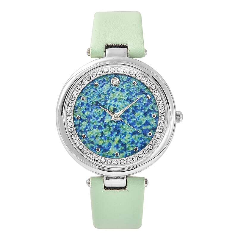 Genoa Austrian Crystal Miyota Japanese Movement Watch with Simulated Opal Dial and Light Green Vegan Leather Strap