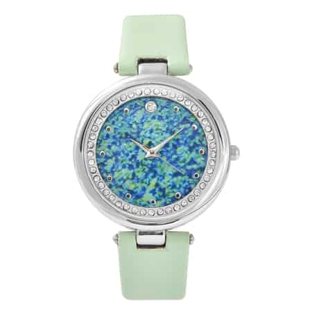 GENOA Austrian Crystal Miyota Japanese Movement Watch with Light Green Faux Leather Strap image number 0