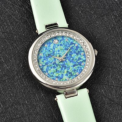 Genoa Austrian Crystal Miyota Japanese Movement Watch with Simulated Opal Dial and Light Green Vegan Leather Strap