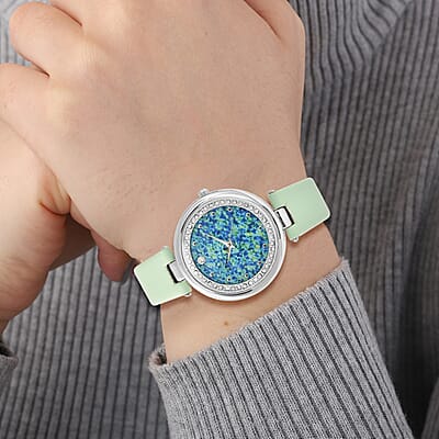 Genoa Austrian Crystal Miyota Japanese Movement Watch with Simulated Opal Dial and Light Green Vegan Leather Strap