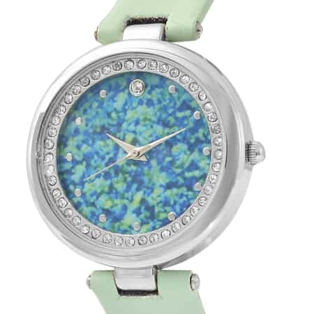 GENOA Austrian Crystal Miyota Japanese Movement Watch with Light Green Faux Leather Strap image number 3