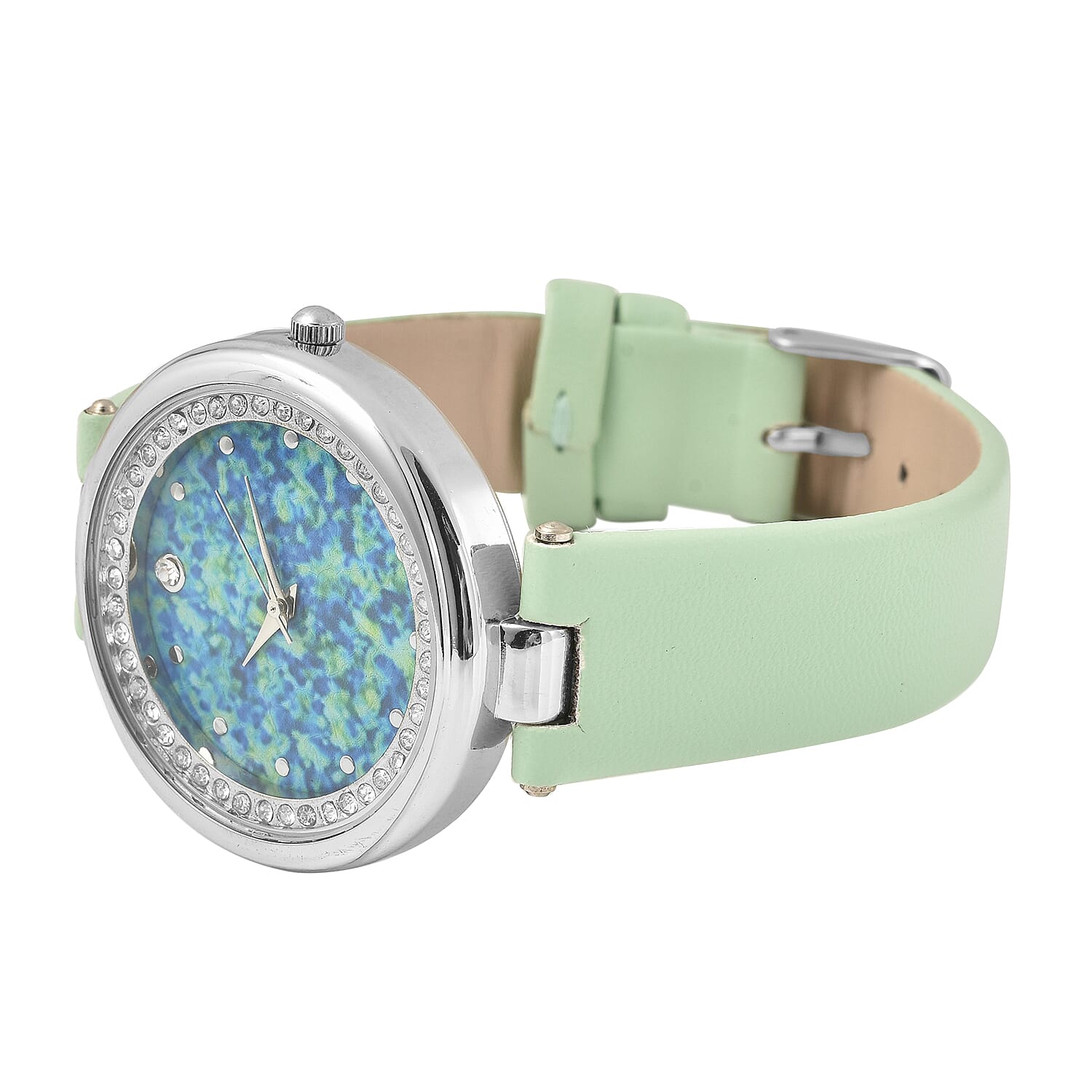 Genoa Austrian Crystal Miyota Japanese Movement Watch with Simulated Opal Dial and Light Green Vegan Leather Strap