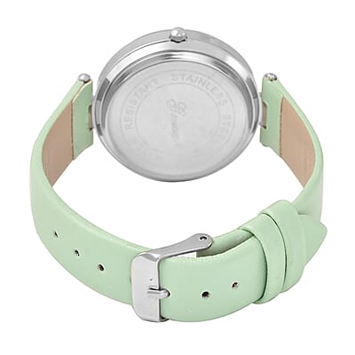 Genoa Austrian Crystal Miyota Japanese Movement Watch with Simulated Opal Dial and Light Green Vegan Leather Strap