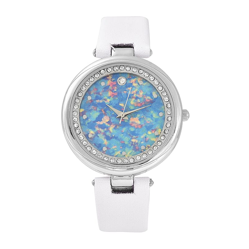 Genoa Austrian Crystal Miyota Japanese Movement Watch with Simulated Opal Dial and White Vegan Leather Strap