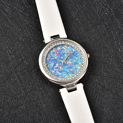 Genoa Austrian Crystal Miyota Japanese Movement Watch with Simulated Opal Dial and White Vegan Leather Strap