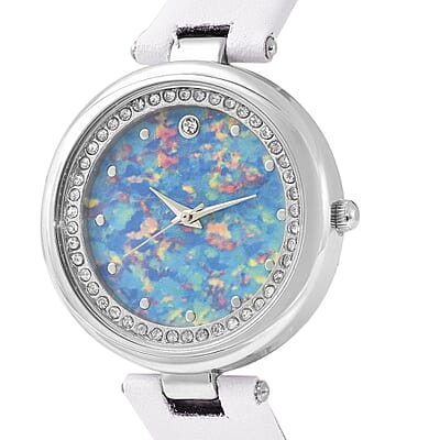 Genoa Austrian Crystal Miyota Japanese Movement Watch with Simulated Opal Dial and White Vegan Leather Strap