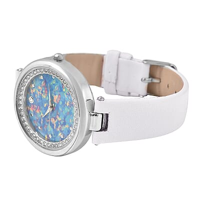 Genoa Austrian Crystal Miyota Japanese Movement Watch with Simulated Opal Dial and White Vegan Leather Strap