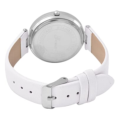 Genoa Austrian Crystal Miyota Japanese Movement Watch with Simulated Opal Dial and White Vegan Leather Strap