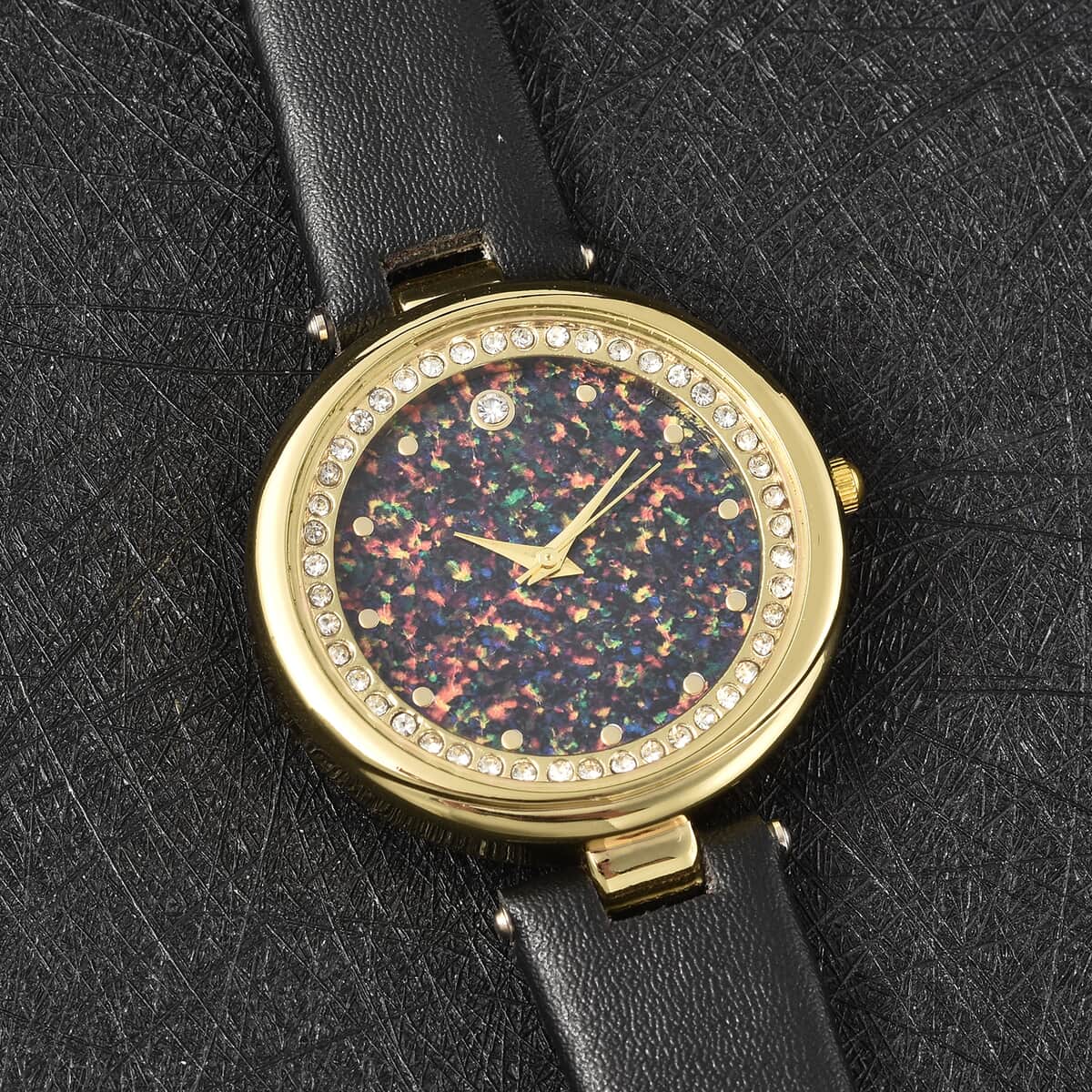 Genoa Austrian Crystal Miyota Japanese Movement Watch with Simulated Opal Dial and Black Vegan Leather Strap image number 1