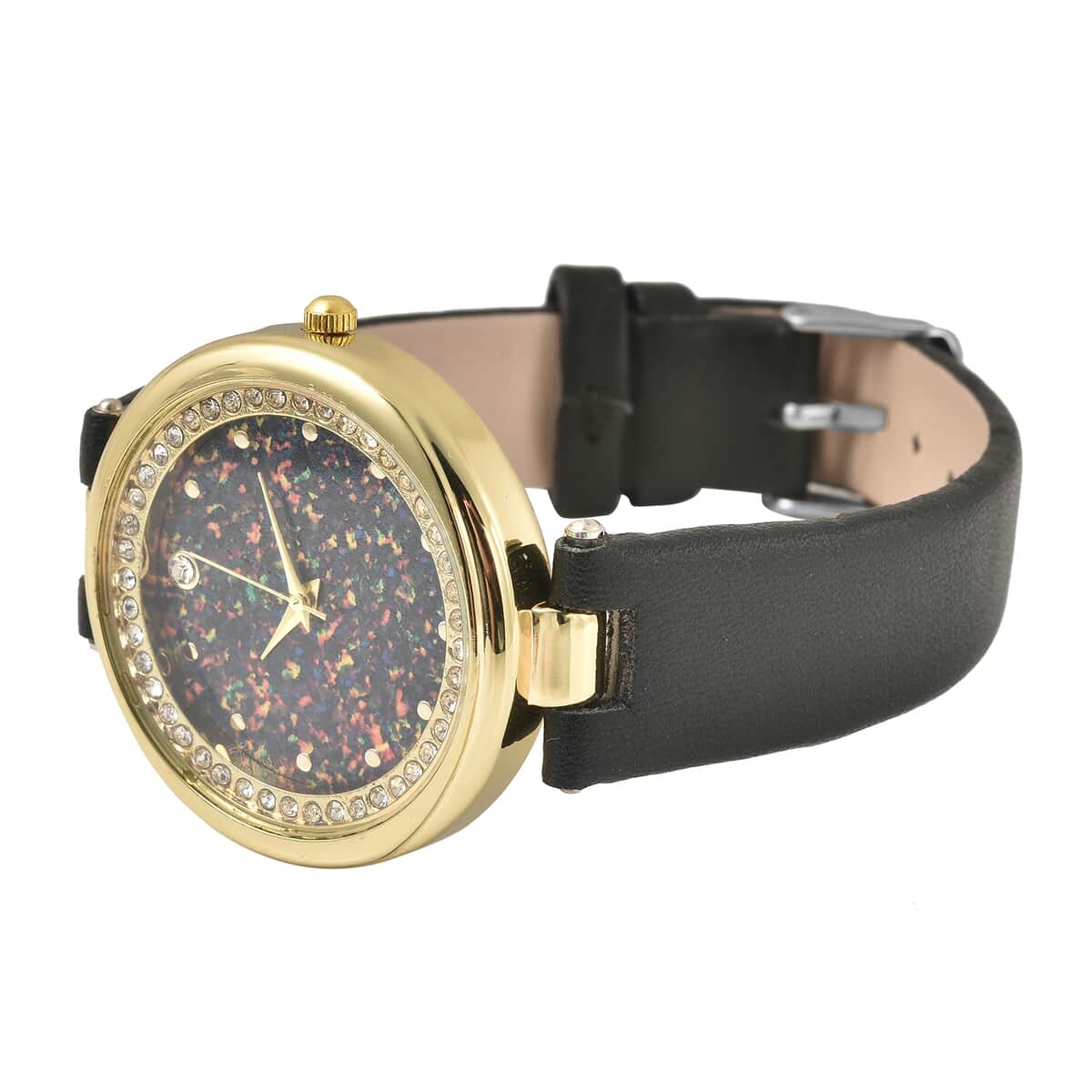 Genoa Austrian Crystal Miyota Japanese Movement Watch with Simulated Opal Dial and Black Vegan Leather Strap image number 4
